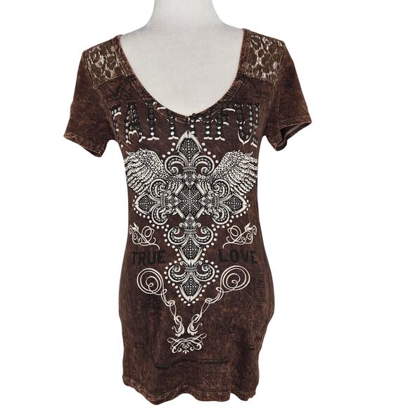 Daytrip Buckle EUC Faithful True Love lace stud tie dye Vintage tops Small Brown - Picture 1 of 16